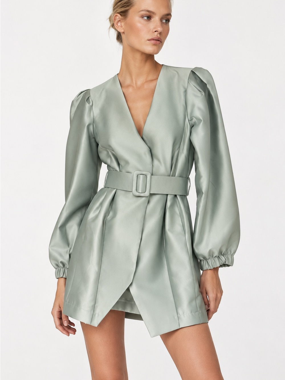 Haveone Satin Puff-Sleeve Wrap Mini Dress in Sage